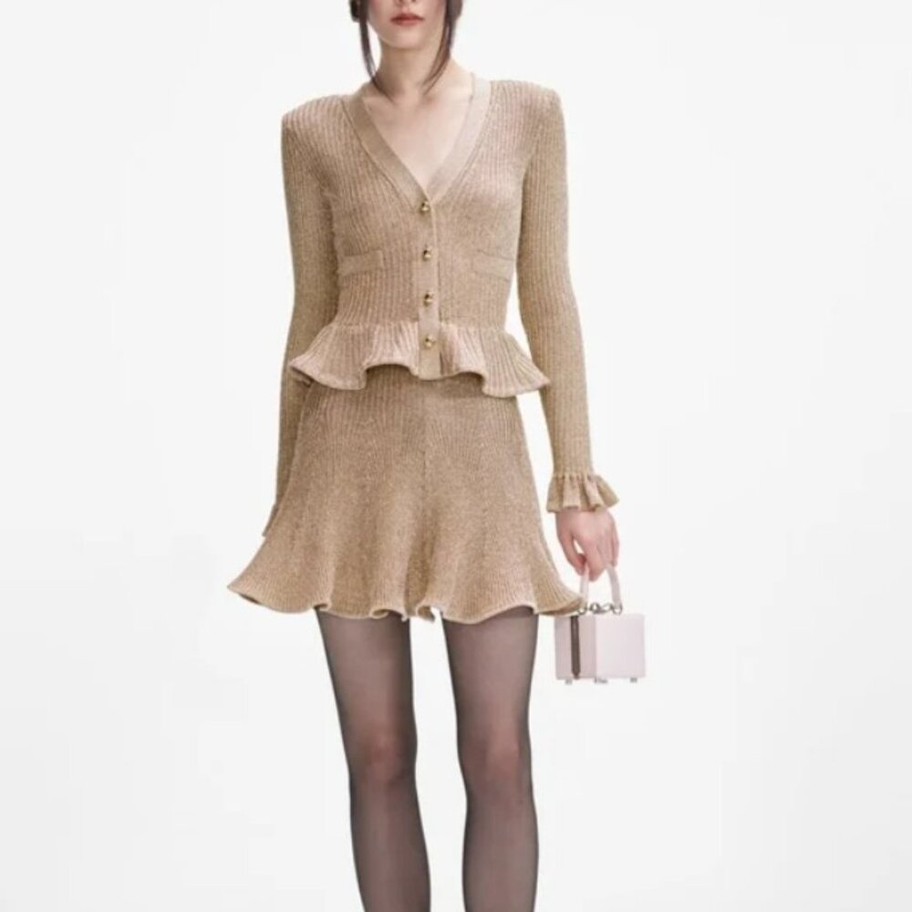 Brand New Self-Portrait Gold Lurex Peplum Knit mini dress